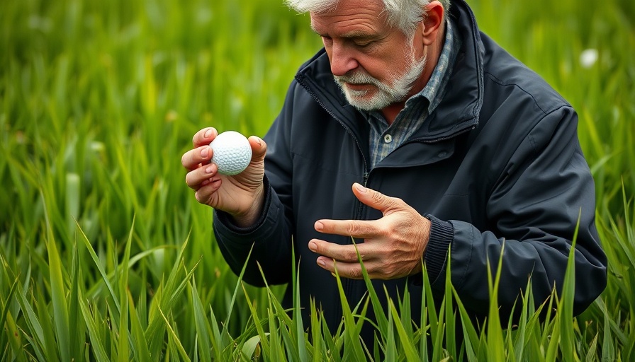 Older man holds golf ball at Ryder Cup, outdoor lush setting.