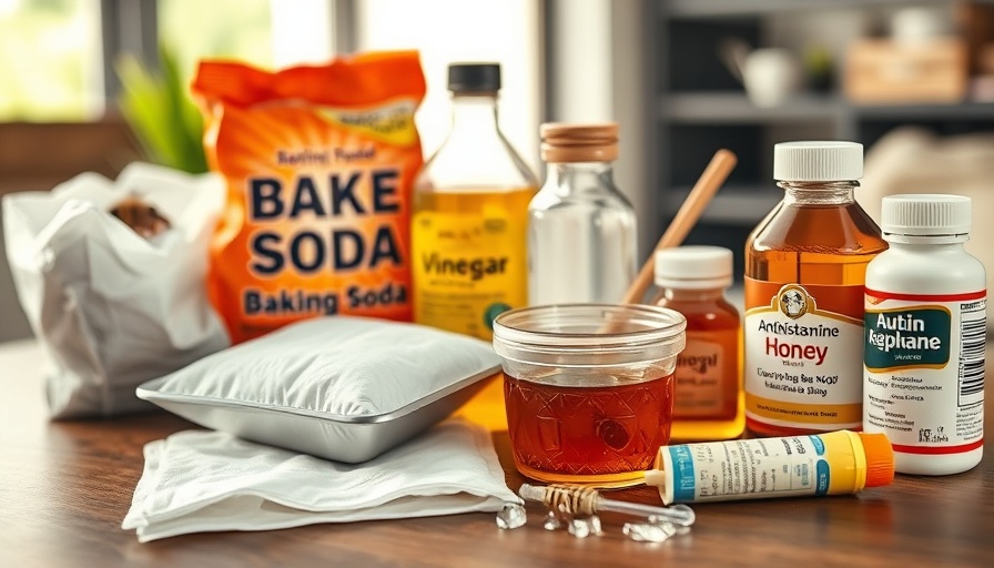 Home remedies for best treatments for bee and wasp stings on wooden table.
