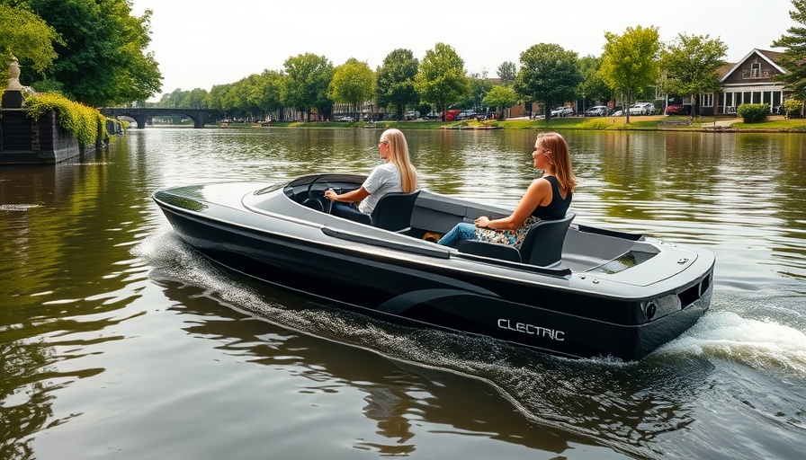 Electric boat in Netherlands cruising through a calm canal with two women onboard.