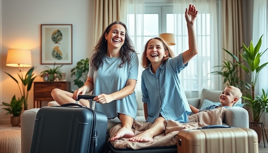 Family joyfully unpacking, capturing vacation feeling at home.