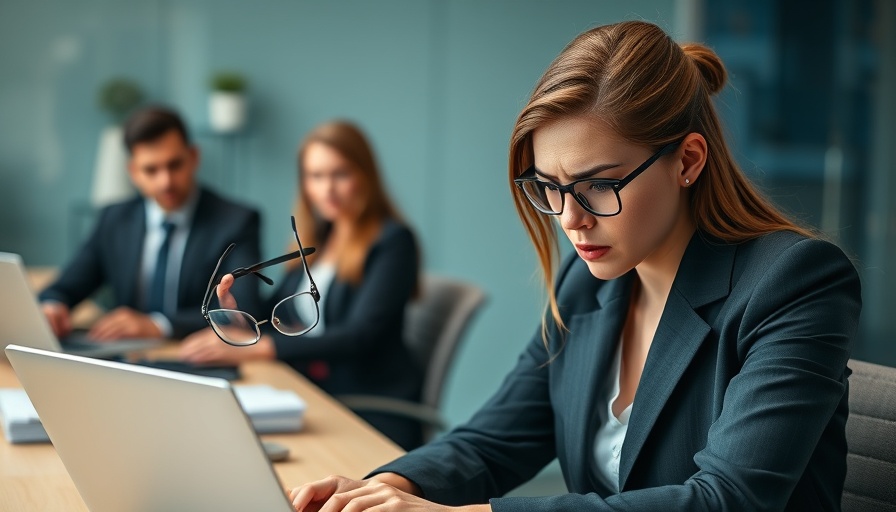 Stressed professional woman overwhelmed at work in office setting.