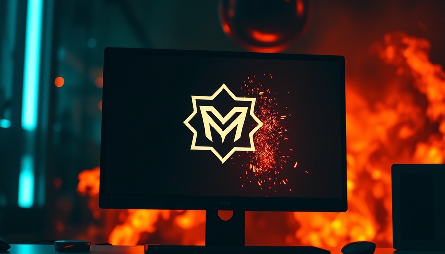 Futuristic computer screen with AI emblem, glowing in fiery background, AI Gaming Revolution.