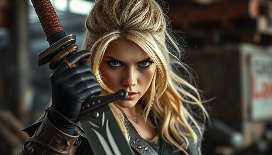 Fierce blonde warrior with sword in urban setting, Switch 2 game development.