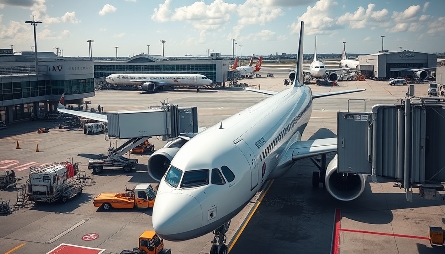 Airline A320 at gate, prepared for boarding at busy airport.
