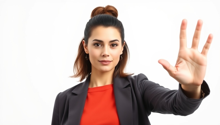 Determined woman raising hand in stop gesture, related to aggression against hospital staff.