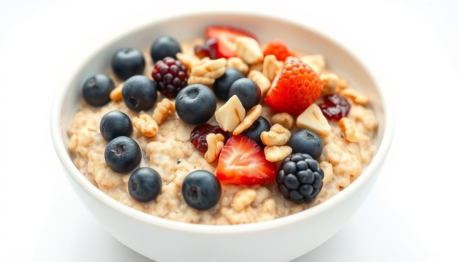 Tasty plant-based breakfast oatmeal with fruit and nuts.