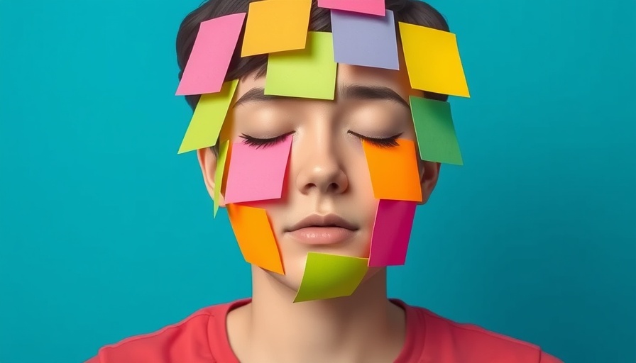 Conceptual art of productivity hack with sticky notes on face.