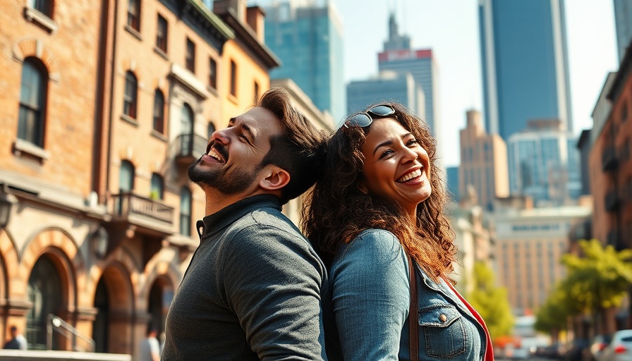 Smiling couple against a city backdrop, avoid burnout with full-time travel.