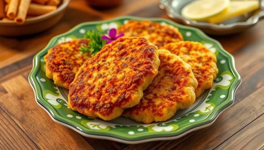Crispy vegan schnitzels on decorative plate.