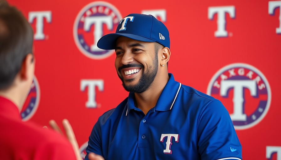 Smiling man interacting at an event with Texas Rangers backdrop.