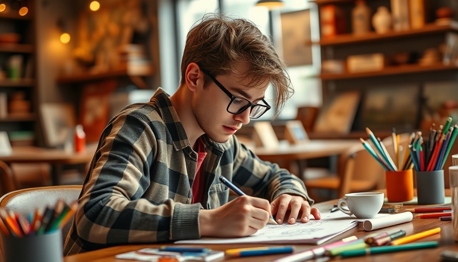 Creative adult drawing doodles at cafe showcasing benefits of doodling.