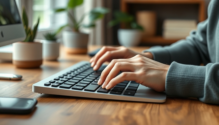 Hands typing at desk with keyboard, mug, and plant.