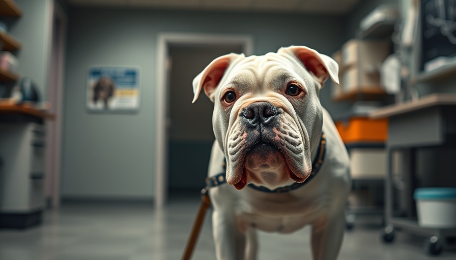 Curious bulldog at vet clinic, exploring around.