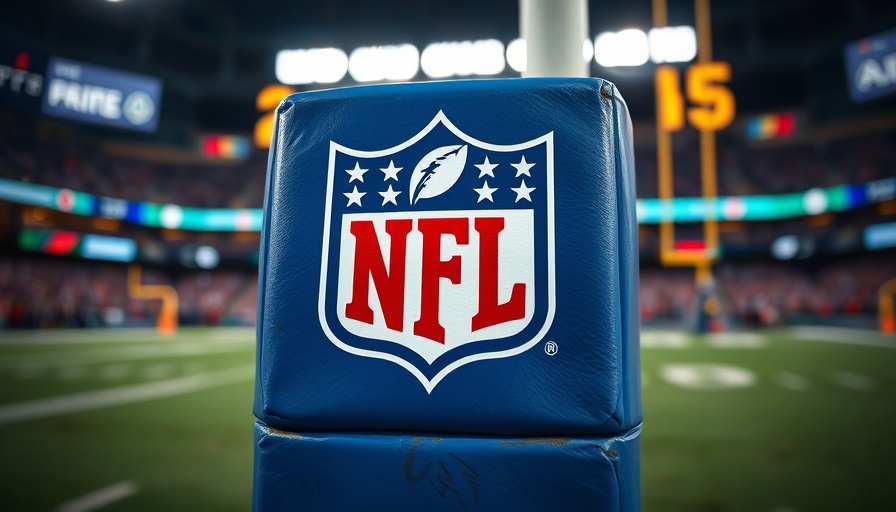 Close-up of NFL logo on goalpost in stadium setting.