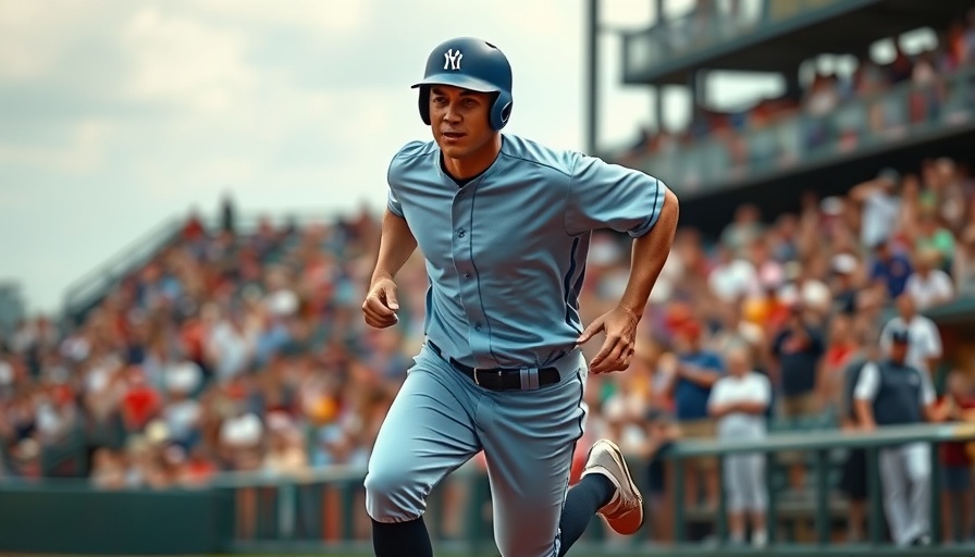 Baseball player in light blue uniform running confidently on the field.