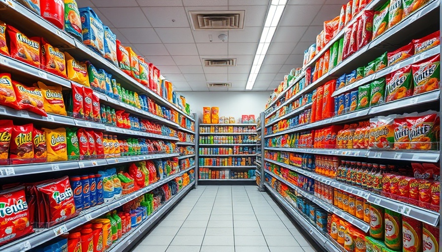 Supermarket aisle showcasing junk food visibility.