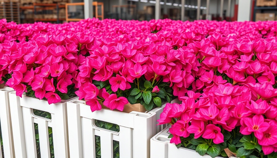 Pink flowers in crates highlighting the impact of flowers on wellbeing.