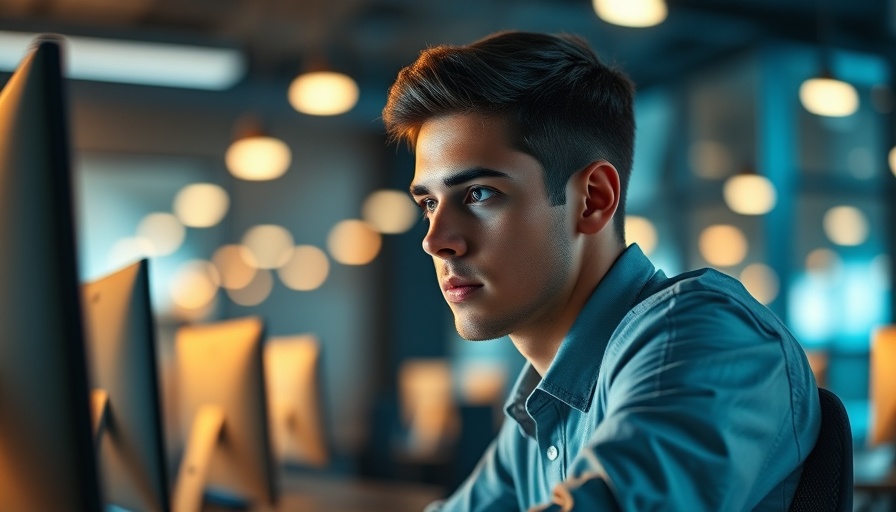 Focused young professional working at a computer in an office, effective productivity habits.