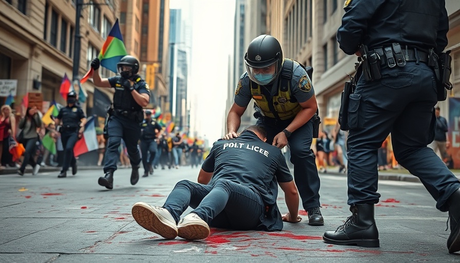 Urban protest scene with a police officer aiding a protester.