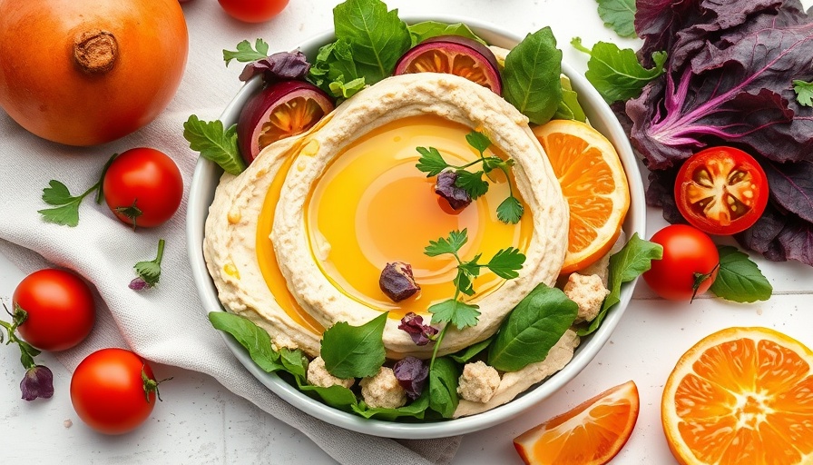 Colorful plant-based salad with hummus and vegetables.