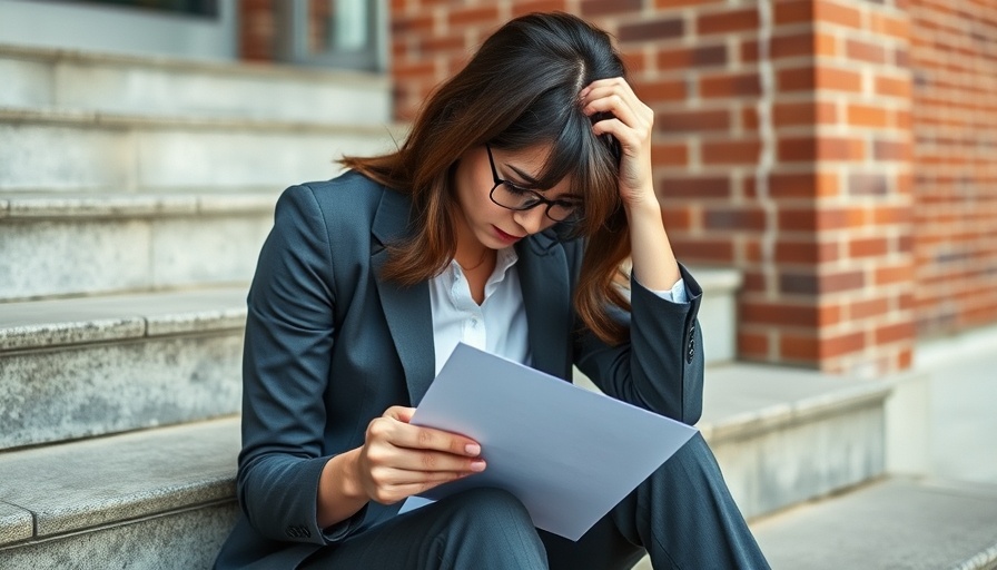 Stressed woman sitting on steps with envelope, illustrating burnout compensation claims.