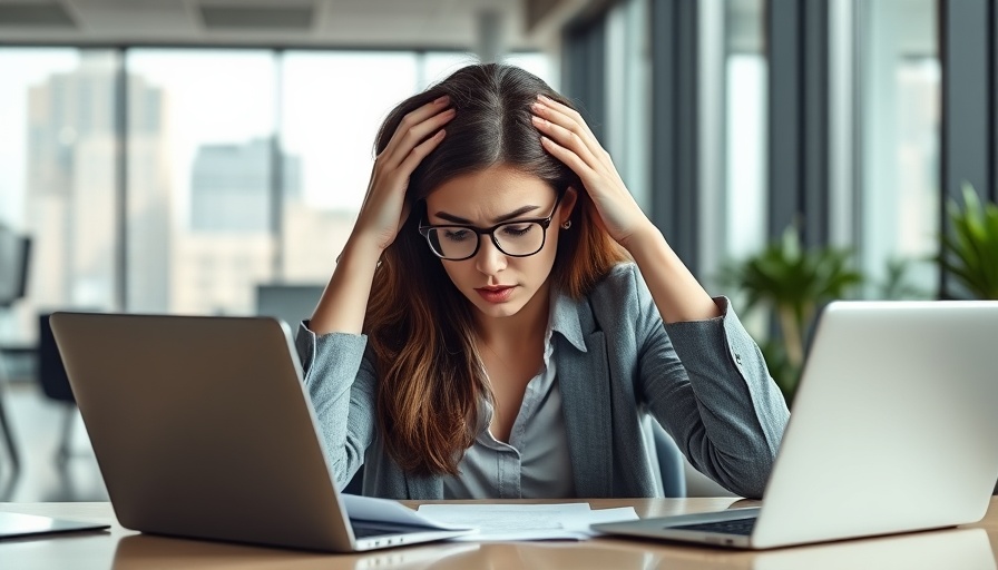 Unhappy woman in office taking leave, stressed at desk.