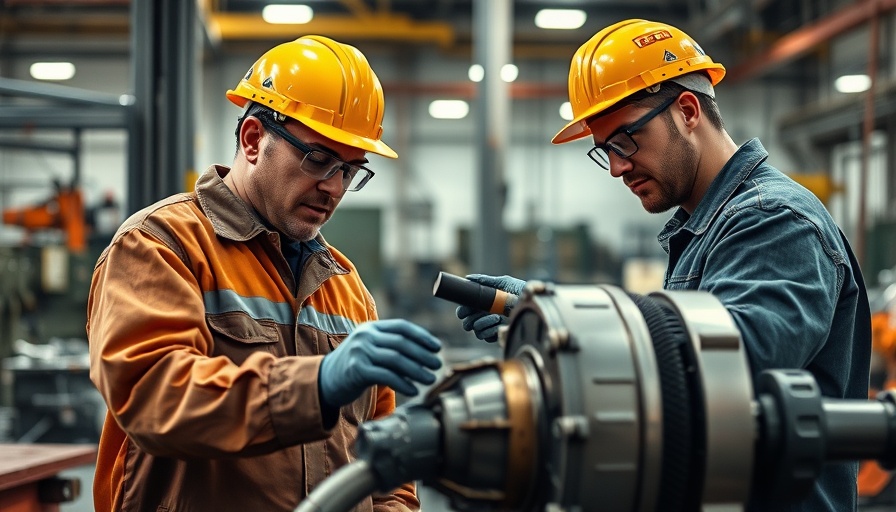 Male workers practice chemical safety strategies in workshop.