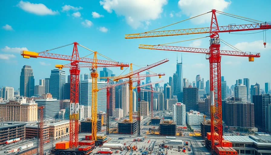 High rates of stress and substance use among tradespeople: Bustling construction site with cranes and city skyline.