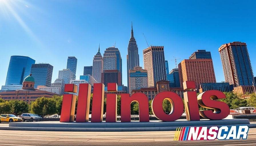 Illinois tourism NASCAR events promotion with city skyline.