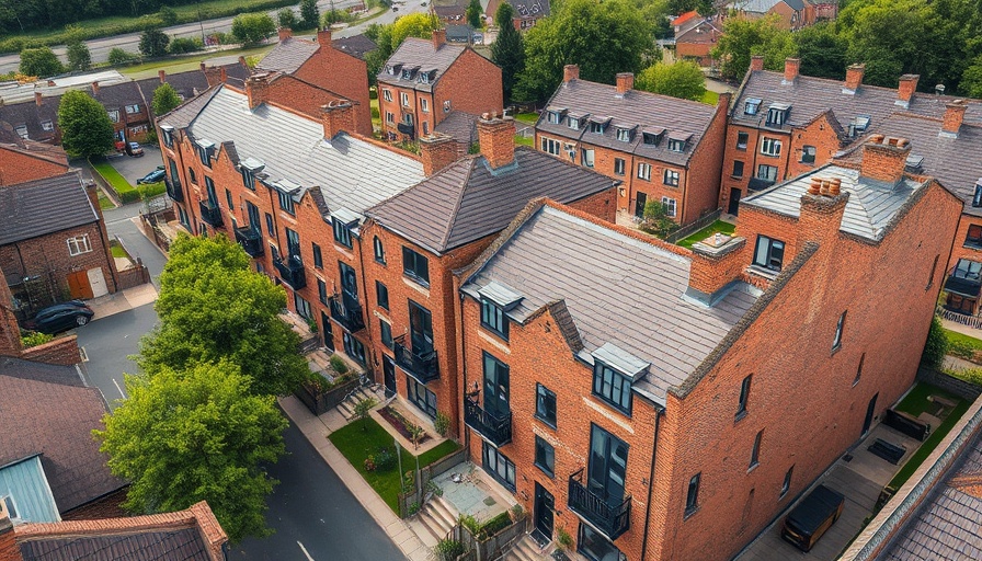 Aerial view of zorgwoningen; modern brick buildings surrounded by greenery.