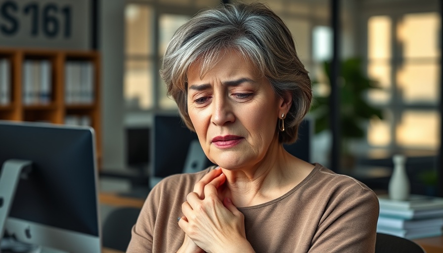 Stressed woman contemplating toothache in office setting, stress and oral health.