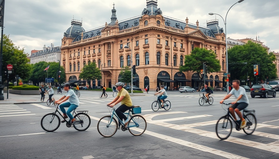 Cyclists in historic city center exemplifying work-life balance.