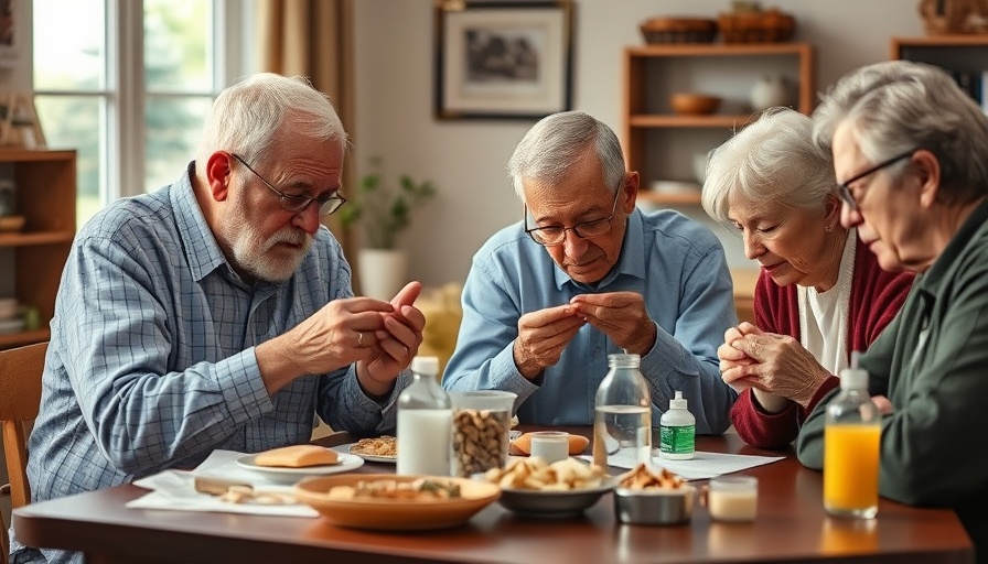Older adults assessing new allergens in a detailed indoor setting.