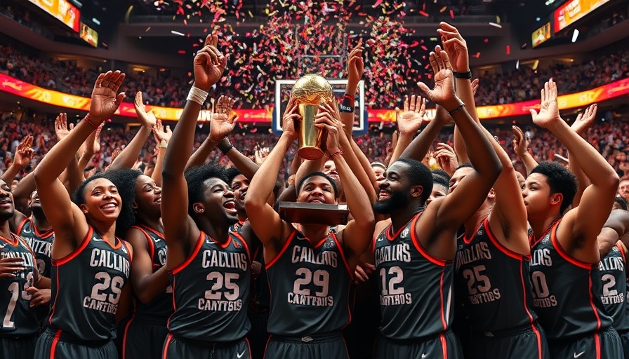 College basketball champions celebrating victory with trophy.