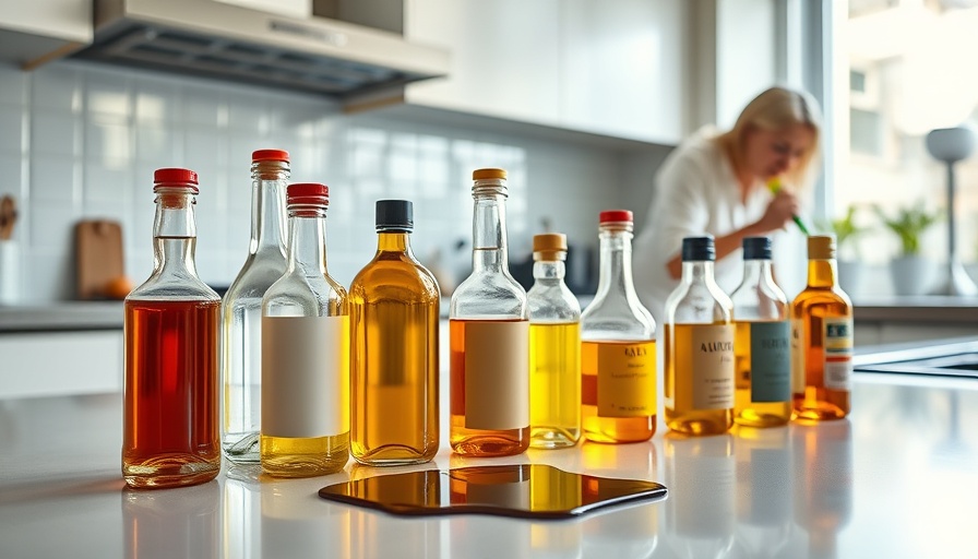 Dangers of household oils for children with spilled oil on counter.