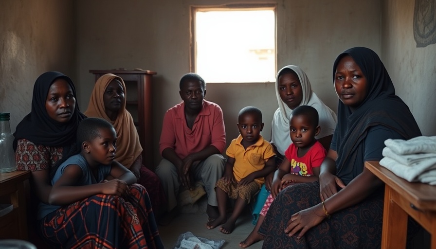 Somber Sudanese women and children seeking aid, Sudan war atrocities.