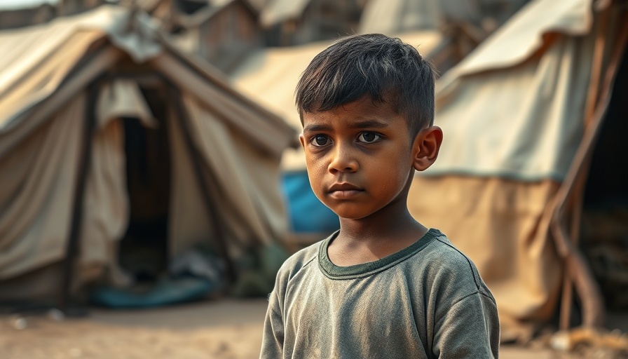 A young boy stands pensively in a refugee camp.