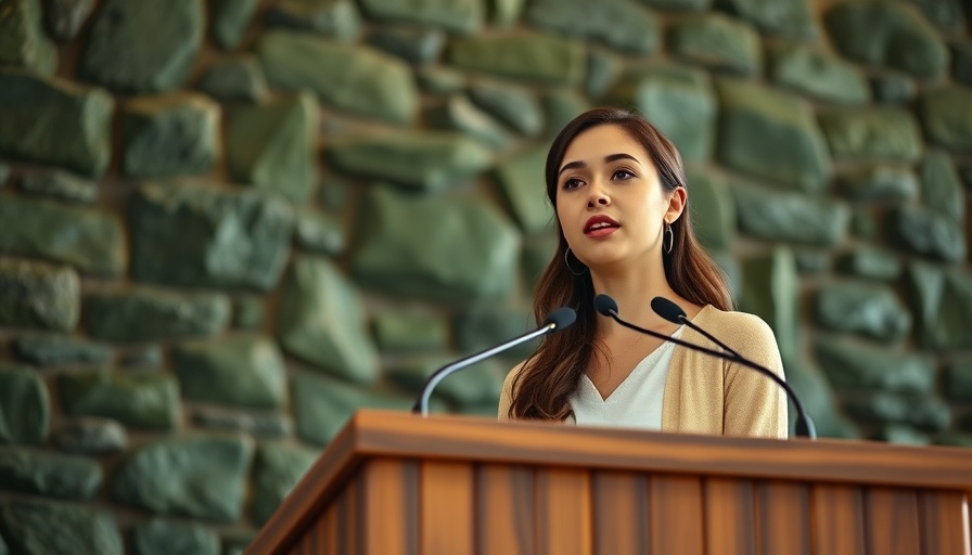 Young woman speaking on nuclear survivors justice at a podium.