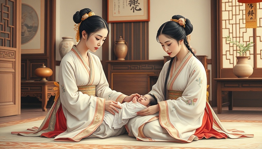 Traditional painting of ancient Chinese women and newborn.