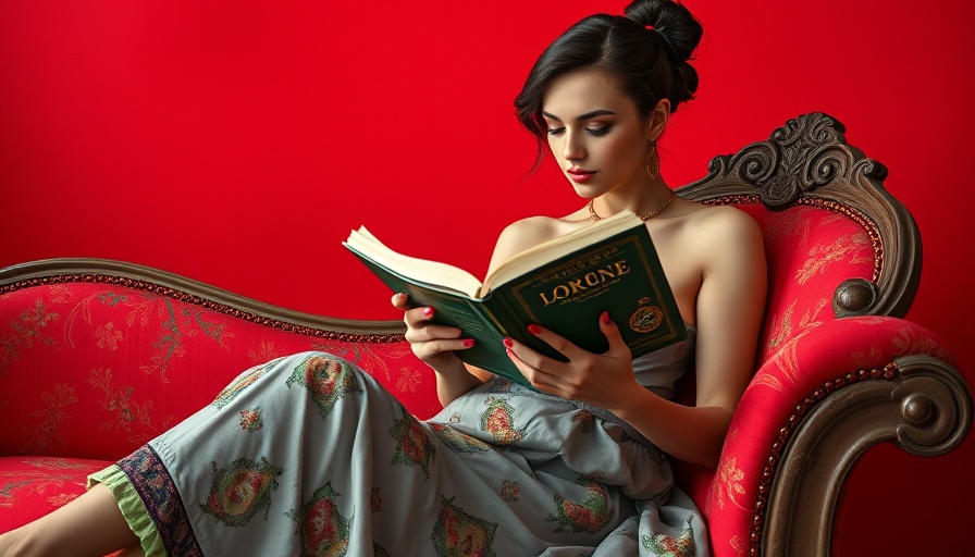 Woman reading on illustrated chaise lounge, Sartre on love and freedom