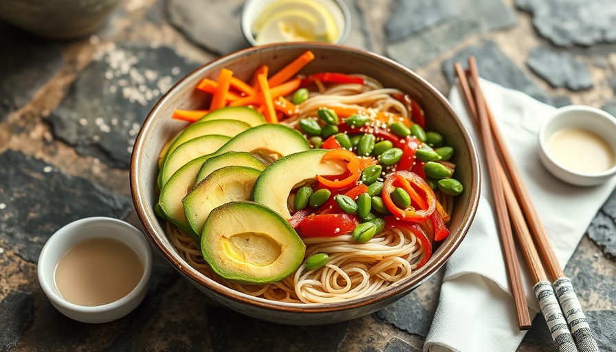 Colorful Asian noodle bowl recipe with fresh vegetables on a rustic table.