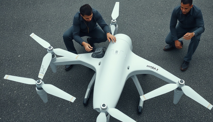 Liquid hydrogen drone flight preparation with engineers adjusting components.