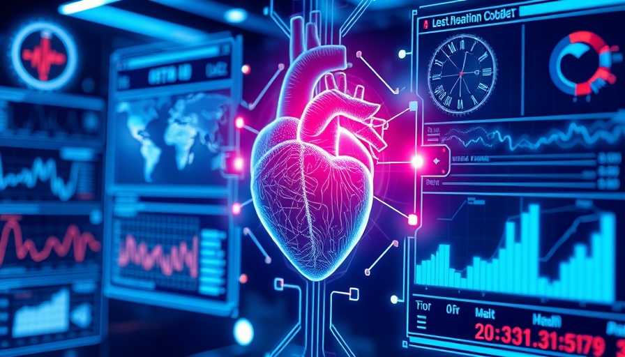 Futuristic AI predicting heart attack risk using health data.