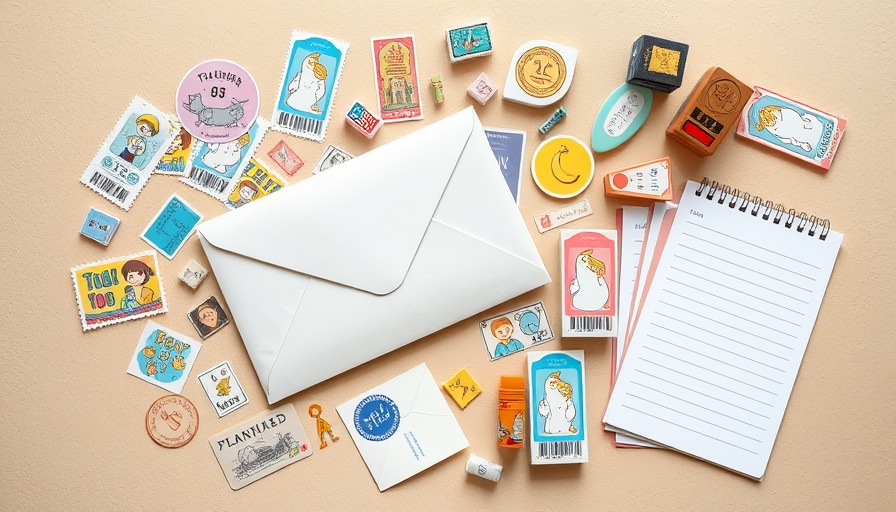 Tidy collection of stationery items scattered on a beige surface.