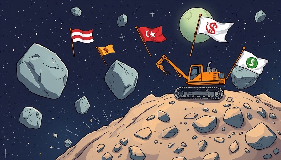 Cartoon of space ownership with asteroids and currency flags, ethical implications of space ownership