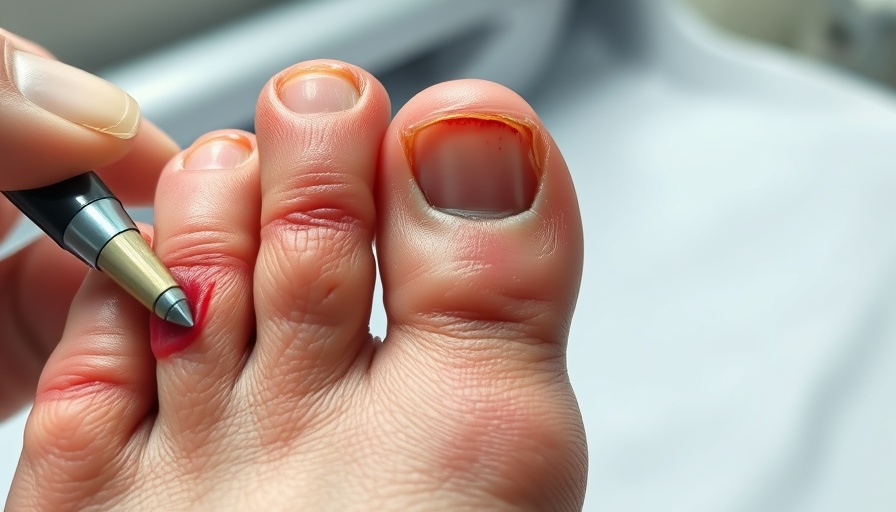 Ingrown toenail in seniors' toe showing redness and swelling.
