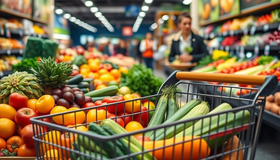 Organic fruits and vegetables in grocery cart, store setting