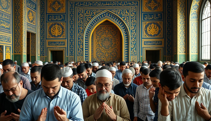 Diverse group in prayer inside a reconstructed Dargah, intricate decor.
