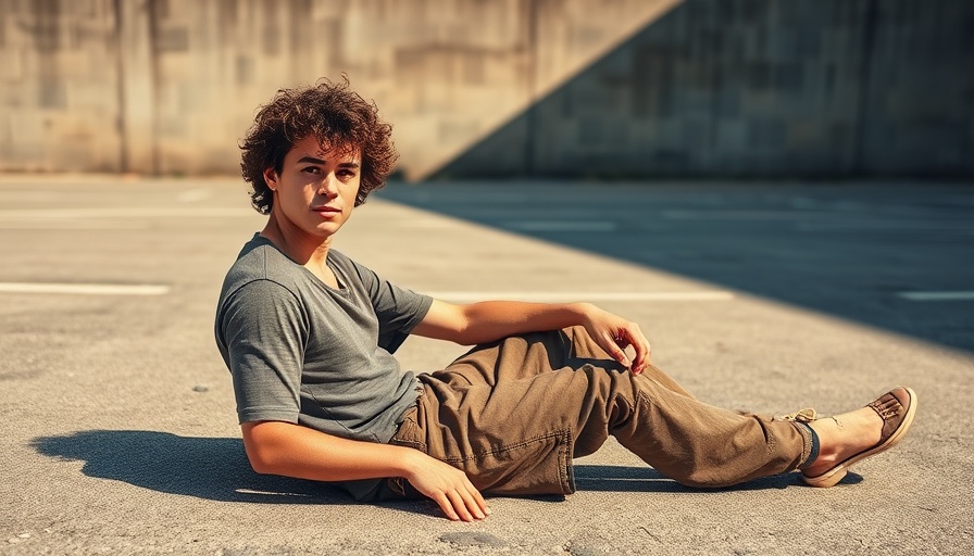 Young man sitting on pavement in relaxed pose under sun.