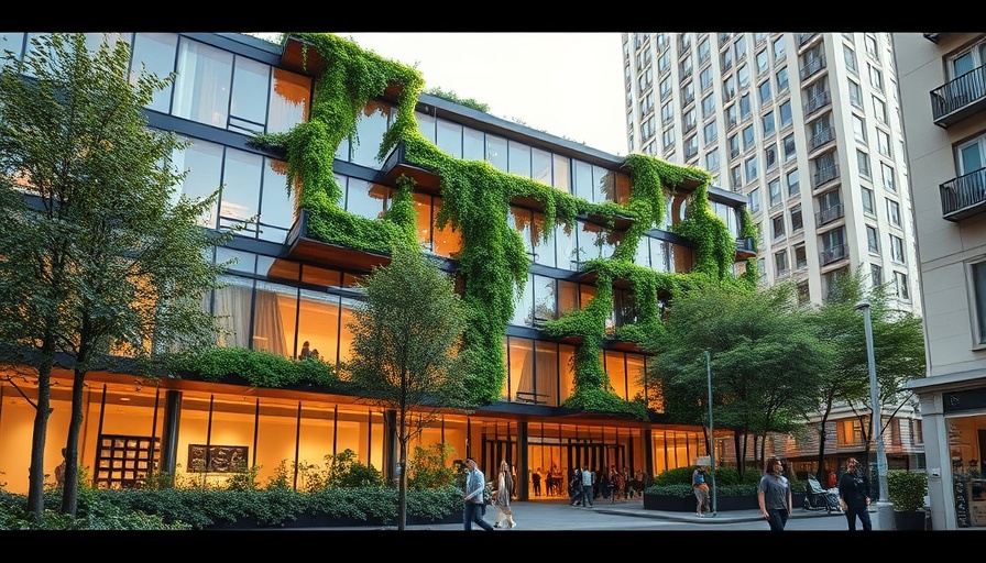 Eco-friendly building with greenery, highlighting low carbon design.